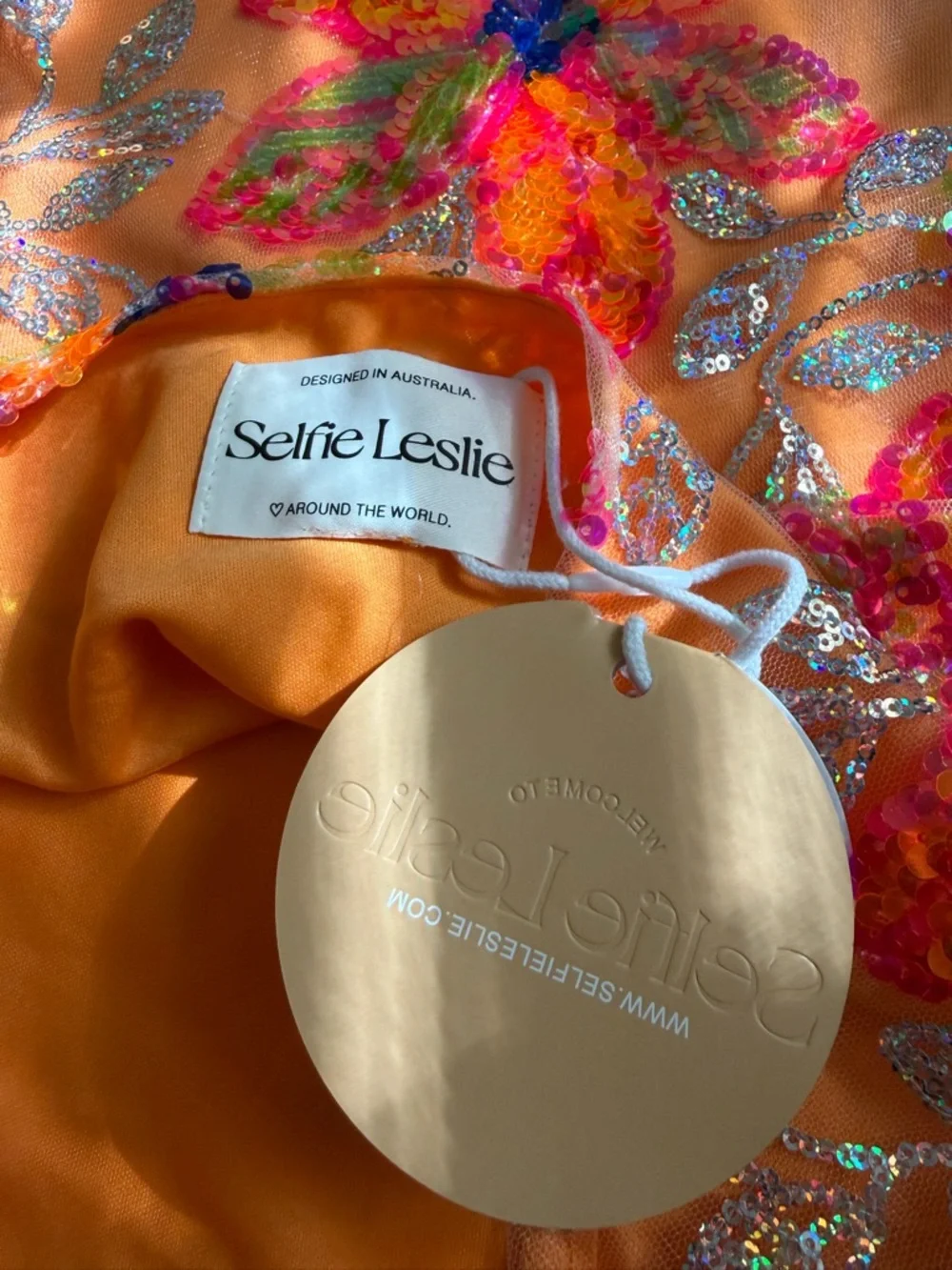 Selfie Leslie Orange Floral Sequin Halter Mini Dress - Picture 6 of 7